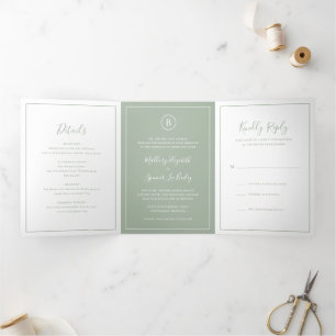 Invitation Trois Volets Mariage Élégant Vert Sauge Traditionnel