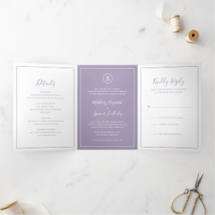 Invitation Trois Volets Mariage Élégant Violet Poussiéreux Traditionnel
