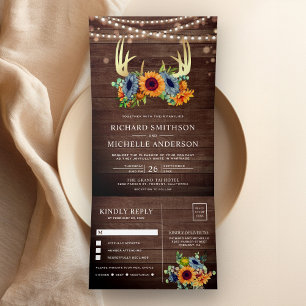 Invitation Trois Volets Mariage en bois de cerf orange brûlé tournesols ma