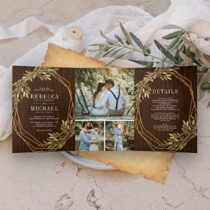 Invitation Trois Volets Mariage en bois de grange à branche d'olive botani