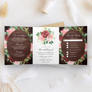Invitation Trois Volets Mariage en bois de grange floral rose et bordeaux