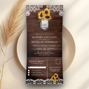 Invitation Trois Volets Mariage en bois de grange rustique tournesols pot