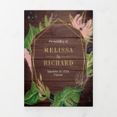 Invitation Trois Volets Mariage en bois floral rose rouge vert sauvage Tro (Page de couverture)