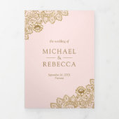 Invitation Trois Volets Mariage en dentelle rose et or (Page de couverture)