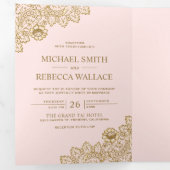 Invitation Trois Volets Mariage en dentelle rose et or (Intérieur en premier)