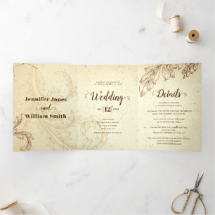 Invitation Trois Volets mariage en feuille de scroll marron vintage et bei