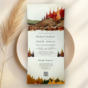 Invitation Trois Volets Mariage en forêt automnale de montagne avec QR Cod