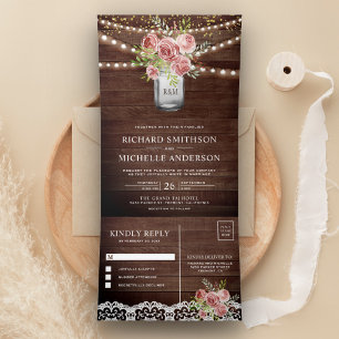 Invitation Trois Volets Mariage en pot Mason Floral Rose Cannelle Bois Rus