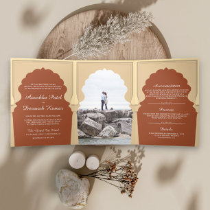 Invitation Trois Volets Mariage en terre cuite orange archivée ethnique in