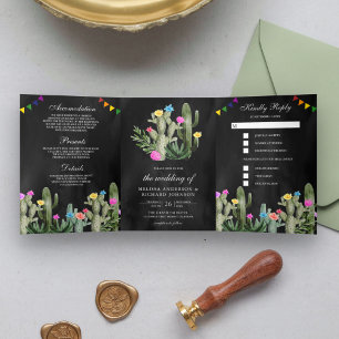 Invitation Trois Volets Mariage Fête Mexicaine Fleur de Cactus Noir