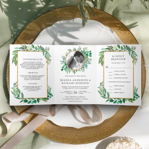 Invitation Trois Volets Mariage Feuillage Luxuriant Cadre Doré Tout en Un