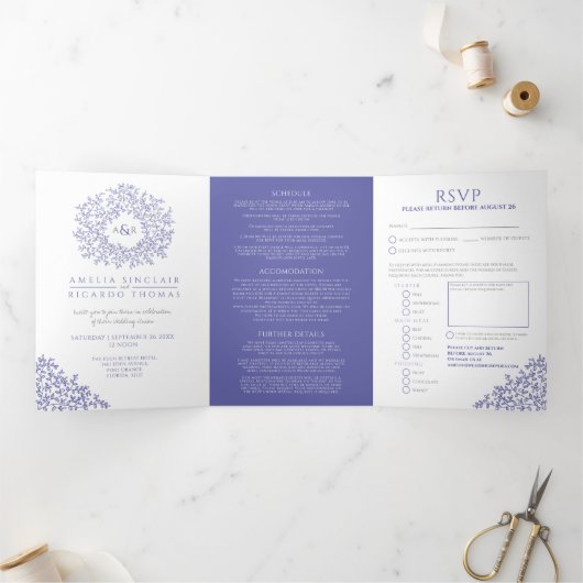 Invitation Trois Volets Mariage feuille blanc monogramme (Intérieur)