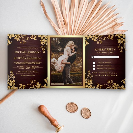 Invitation Trois Volets Mariage Feuille de bois rustique et d'huile d'or