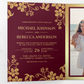 Invitation Trois Volets Mariage Feuille de Bourgogne et d'or (Intérieur en premier)