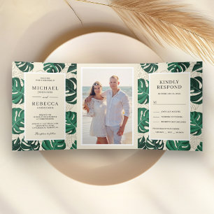 Invitation Trois Volets Mariage Feuille de Monstera Tropical Vert et Beige