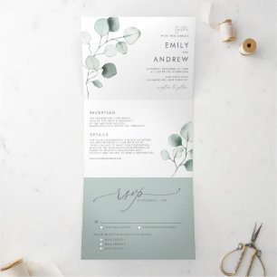 Invitation Trois Volets Mariage Feuille d'Eucalyptus vert Dusty