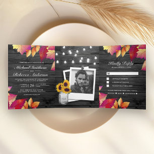 Invitation Trois Volets Mariage Feuilles d'Automne Bois Gris Tout en Un
