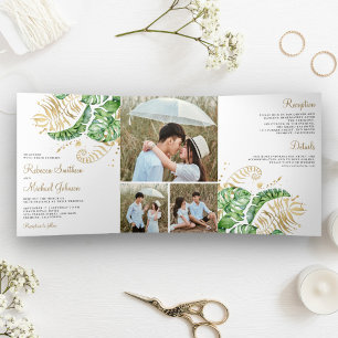Invitation Trois Volets Mariage Feuilles de Palmier Monstera Or Vert Tropi