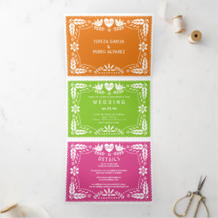 Invitation Trois Volets Mariage fleuri de pique picado multicolore