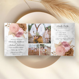 Invitation Trois Volets Mariage Fleurie Terreux Roses Rose Poussiéreux Mar
