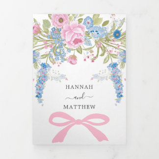 Invitation Trois Volets Mariage Fleuris Aquarelle Rose Bleu Vintage