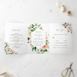 Invitation Trois Volets Mariage floral à fleurs blanches
