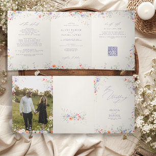 Invitation Trois Volets Mariage floral aquarelle bohème tout-en-un RSVP QR
