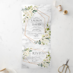 Invitation Trois Volets Mariage floral blanc blanc en marbre géométrique c