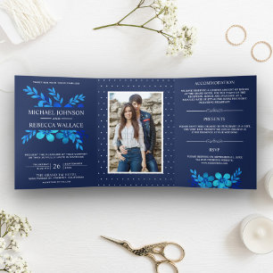 Invitation Trois Volets Mariage floral bleu marine