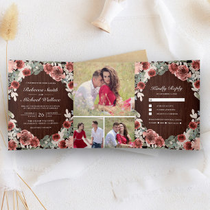 Invitation Trois Volets Mariage Floral Bois Rustique Marsala Collage Photo