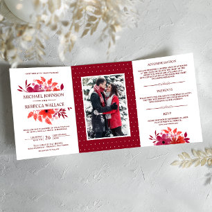 Invitation Trois Volets Mariage floral couleur rouge Crimson