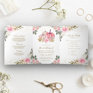 Invitation Trois Volets Mariage Floral de Citrouille Rose et Or Rustique