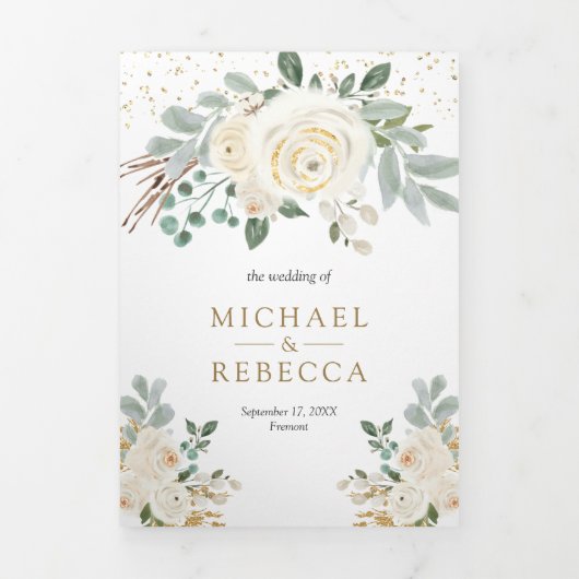 Invitation Trois Volets Mariage floral d'ivoire d'or rustique (Page de couverture)