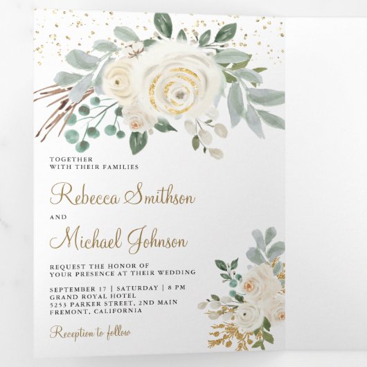 Invitation Trois Volets Mariage floral d'ivoire d'or rustique (Intérieur en premier)