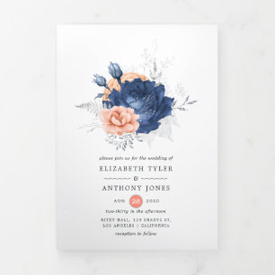 Invitation Trois Volets Mariage floral en corail, bleu marine et argent