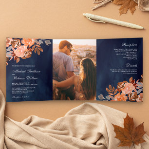 Invitation Trois Volets Mariage Floral en terre cuite rustique bleu marine