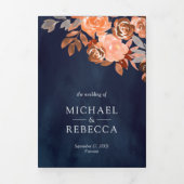 Invitation Trois Volets Mariage Floral en terre cuite rustique bleu marine (Page de couverture)
