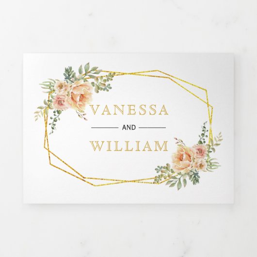 Invitation Trois Volets Mariage floral géométrique or (Page de couverture)
