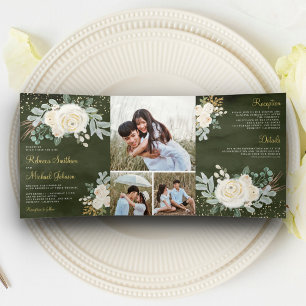 Invitation Trois Volets Mariage Floral Ivoire Or Vert Rustique Sage