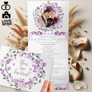 Invitation Trois Volets Mariage floral lavande rose et pivoine violette