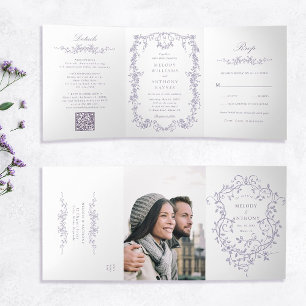 Invitation Trois Volets Mariage Floral Lavande Victorien Classique Françai