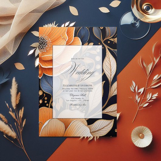 Invitation Trois Volets Mariage floral marine, orange brûlé et champagne