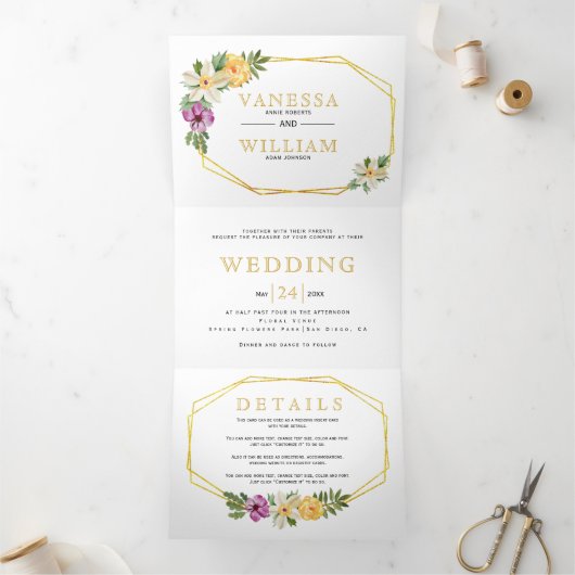 Invitation Trois Volets Mariage floral or géométrique polygone aquarelle (Intérieur)