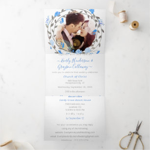 Invitation Trois Volets Mariage Floral Paon Bleu Elégant