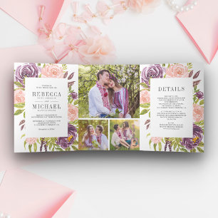 Invitation Trois Volets Mariage Floral Poussiéreux Rustique Rose Violet Ma