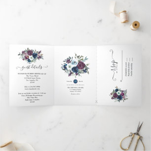 Invitation Trois Volets Mariage floral prune et marine