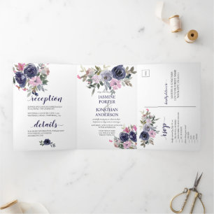 Invitation Trois Volets Mariage Floral Rose Pâle et Nuit Indigo