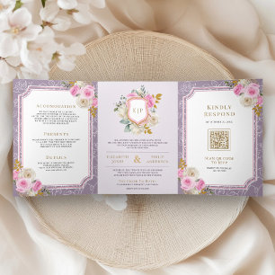 Invitation Trois Volets Mariage Floral Rose Violet Poussiéreux Tout en Un