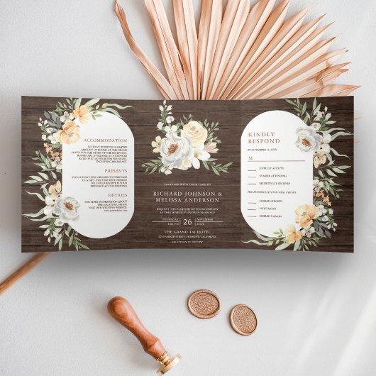 Invitation Trois Volets Mariage Floral Rustique Grange Bois Boho Earthy Pe