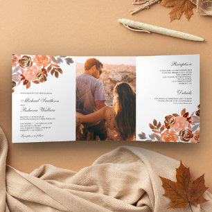 Invitation Trois Volets Mariage Floral Terracotta Rustique Terreux
